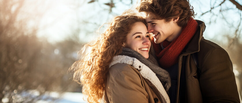 A beautiful photogenic young couple hugging each other in a winter forest. Close up image. 
