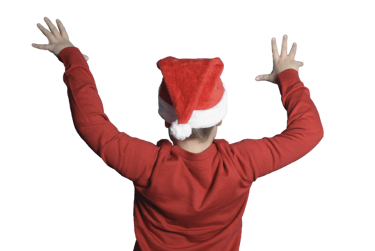 A boy in a Santa suit with his back to the camera. Wave your arms like an orchestra conductor. Transparent