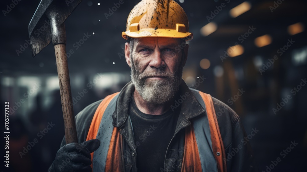 Poster Generative AI Portrait of a builder with a hammer and level, confident and skilled, on a construction site background