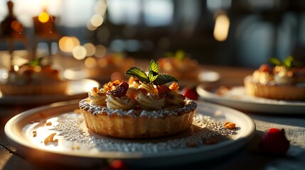 Delicious tart lets with berries on table in cafe, closeup - obrazy, fototapety, plakaty