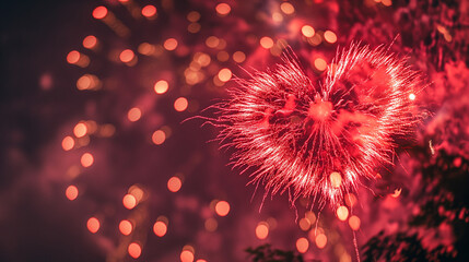 Sparkling Heart-Shaped Fireworks in a Vibrant Red Bokeh Night