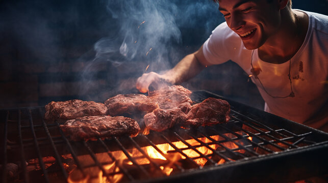 the chef prepares meat on the grill.