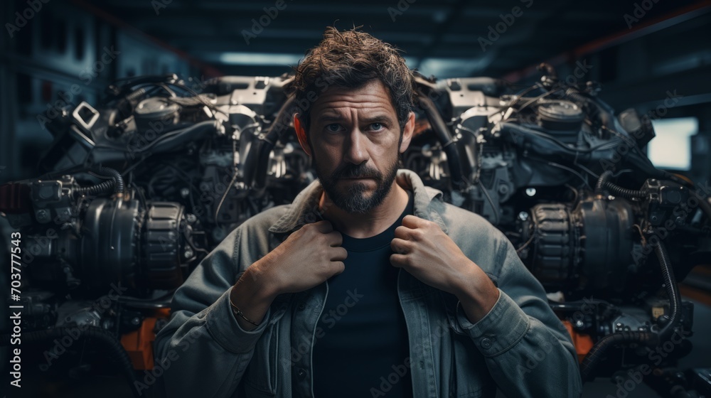 Poster generative ai portrait of an auto mechanic with engine parts, explaining repairs, communication and 