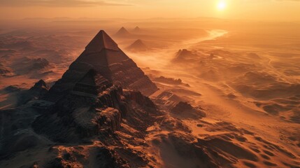 Generative AI Pyramid silhouette, drone's vantage, fading sunlight, expansive desert, detailed and vivid sunset in Egypt - obrazy, fototapety, plakaty