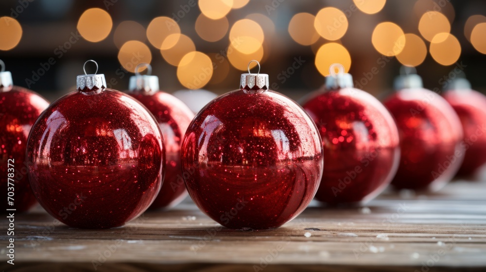 Poster generative ai row of bright red and silver christmas ornaments, perfect for creating a festive holid