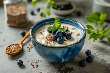 Cream cheese, flax seeds and blueberries in a bowl