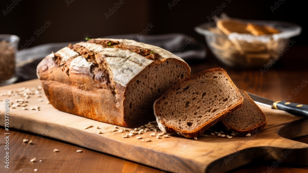 Poster Generative AI Rustic farmhouse bread, showcasing scoring patterns and flour-dusted surfaces for an authentic look
