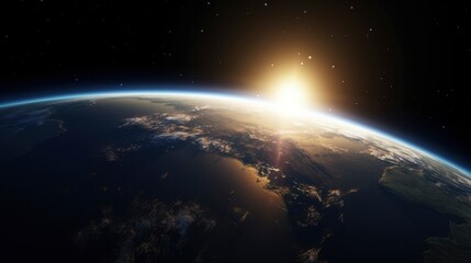 Naklejka premium 3D Render of Sunrise Over Planet Earth, Featuring the Sun, Stars, and Galaxy in a Breathtaking Cosmic Vista