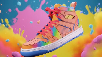 Flying trendy sneakers on creative colorful background, Stylish fashionable minimalism concept.