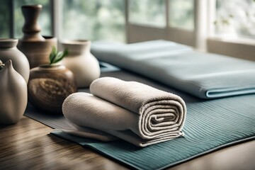 A yoga mat, perfectly rolled, rests beside a neatly folded towel on the polished wooden floor. Soft natural light cascades through the windows, casting gentle shadows and highlighting the tranquility  - obrazy, fototapety, plakaty
