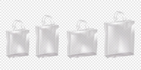 Standing clear plastic reusable shopping bag with handles. Vector mockup set. Transparent PVC tote bag shopper mock-up