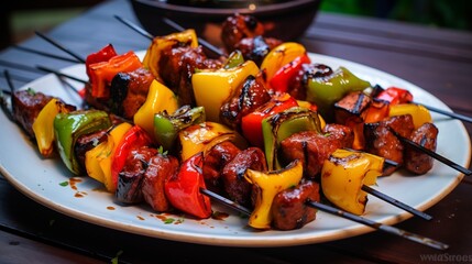 A plate of teriyaki glazed tempeh skewers with bell peppers