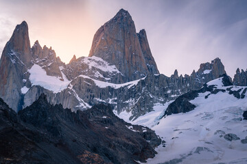 Sunset behind Mt.Fitzroy with beautiful twilight from Laguna de Los Tres view point (Patagonia, El chalten, Argentina)