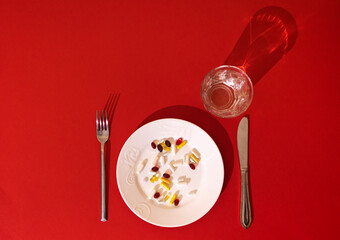 Tablets, pills and capsules on a white porcelain plate. The table is set with a plate, fork, knife and water glass. Red bright background.