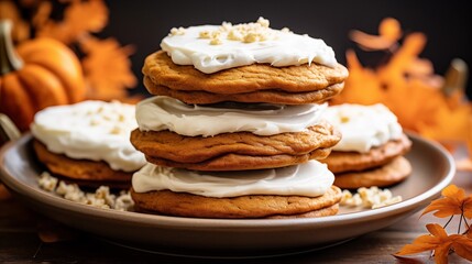 A stack of pumpkin spice cookies with cream cheese frosting
