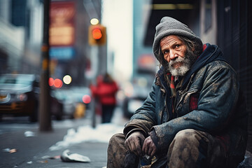 Fototapeta premium Homeless man sitting on the street