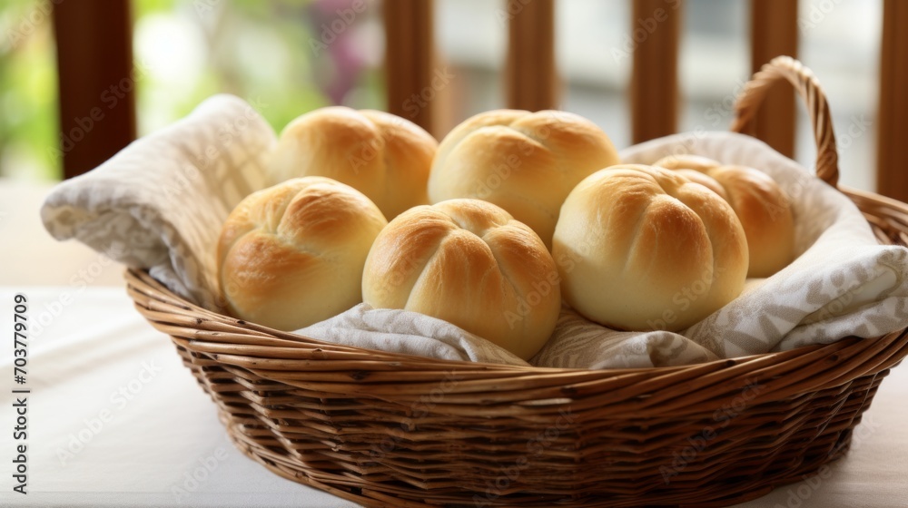 Poster generative ai soft and fluffy dinner rolls arranged in a woven basket, perfect for a family gatherin