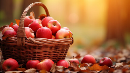 apples in a basket in an autumn garden.Generative AI