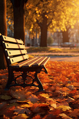 orange fall leaves in park, sunny autumn natural background.Generative AI
