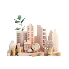 Sky scraper and stack of coins, Pastel background. 3D rendering. Financial and investment business concepts