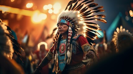 Generative AI The vibrant celebration of a powwow, showcasing colorful regalia, dance, and music amid the Indigenous community.