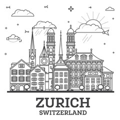 Outline Zurich Switzerland City Skyline with Modern and Historic Buildings Isolated on White. Zurich Cityscape with Landmarks.