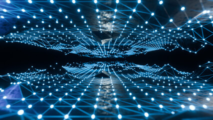 blue abstract background with a network grid and particles connected.Sci-fi digital technology with line connect network and data graphic background.