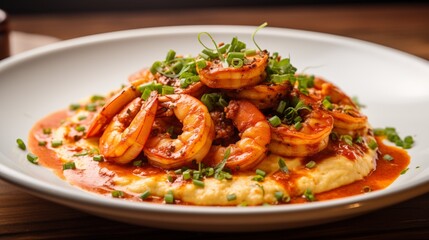 A plate of spicy Cajun shrimp and grits with a sprinkle of parsley
