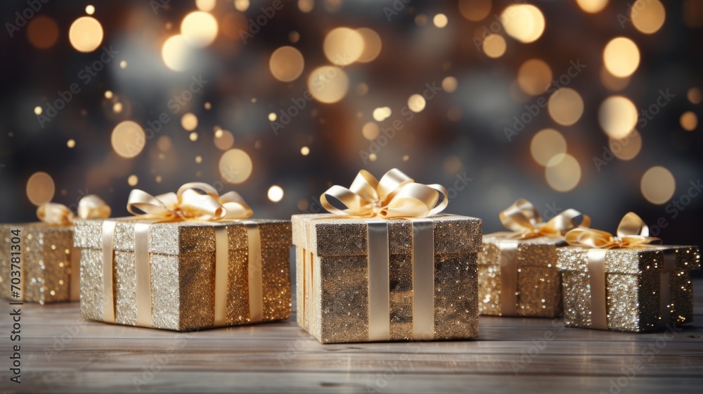 Poster generative ai ultra-realistic depiction of elegant white and gold christmas presents arranged artful