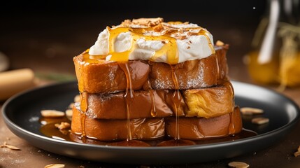 A stack of pumpkin spice French toast with maple syrup and whipped cream