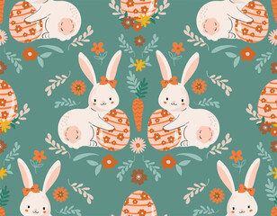 Easter pattern  rabbit bunny, eggs, flowers. Vector Seamless spring seamless background