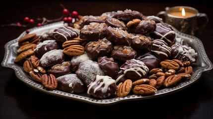 A platter of assorted chocolate-covered walnuts with sea salt