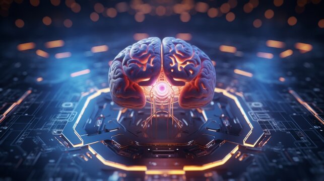 Generative AI Visualization of an AI brain's conceptual design, featuring algorithms and programming code representing its intelligence.