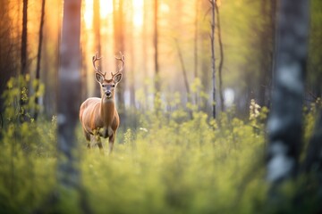 elk in forest clearing during golden hour - obrazy, fototapety, plakaty