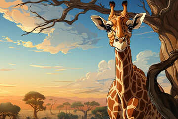 giraffe cartoon stail under the tree - obrazy, fototapety, plakaty