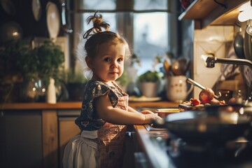 Cute little girl washes the dishes. Low key. Kitchen assistant, help mother - obrazy, fototapety, plakaty