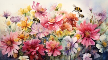 Generative AI Watercolor artwork of bees pollinating flowers in a vibrant garden setting