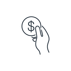 Hand with dollar. Take, give. Borrower, lender. Cash. Payment.  Vector linear icon illustration isolated on white background.