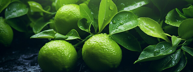 Fresh green bergamot hanging on a branch. bergamot garden. Generative AI - obrazy, fototapety, plakaty