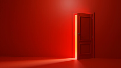 3d render, yellow light going through the open door isolated on Red background. Architectural design element. Modern minimal concept. Opportunity metaphor