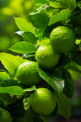 Fresh green bergamot hanging on a branch. bergamot garden. Generative AI - obrazy, fototapety, plakaty
