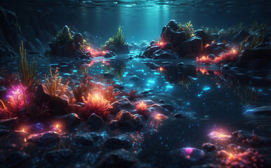 magical shiny glowing coral underwater sea - obrazy, fototapety, plakaty