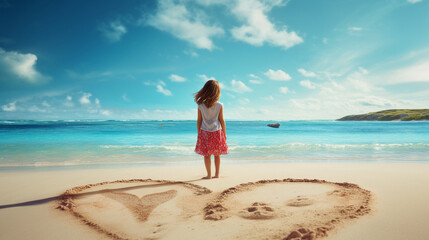 Fototapeta na wymiar Heartfelt Sunshine: Little Girl in the Heart of a Sunny Beach