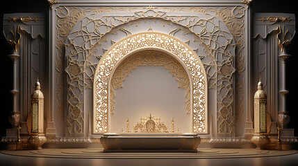 3d gold Islamic stage podium cylinder with gold theme in dark or night for Ramadan or Islamic celebration