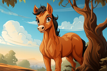 stail cartoon horse under the tree