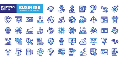 Business icons bundle. Blue color outline icon style. Vector illustration.