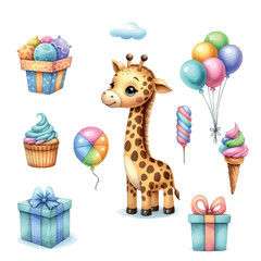 birthday card with giraffe. cute giraffe. watercolor illustration of a giraffe on a white background. animals.funny animals. giraffe