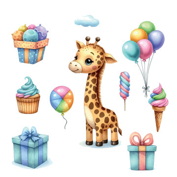 birthday card with giraffe. cute giraffe. watercolor illustration of a giraffe on a white background. animals.funny animals. giraffe