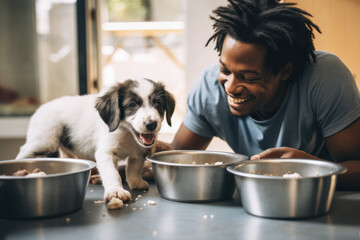 A young black man with a bright smile feeds a cheerful puppy in a shelter. The atmosphere of interaction between humans and animals emphasizes the joy and care of pets - obrazy, fototapety, plakaty