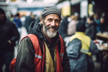 A happy homeless elderly man at a food distribution point. The idea of the importance of charity, volunteerism and support for vulnerable segments of the population